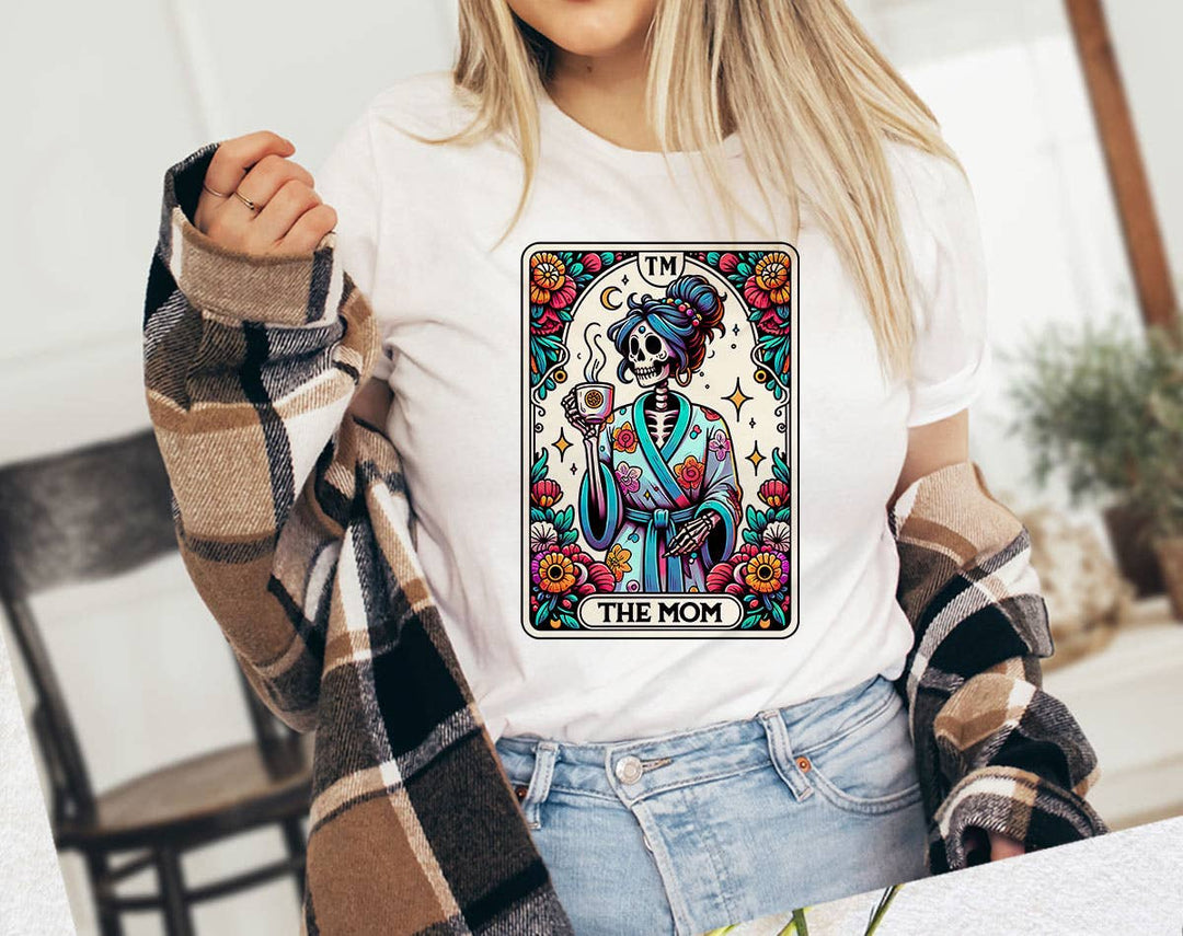 "The Mom Tarot Card" design on a white unisex t-shirt