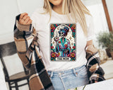 "The Mom Tarot Card" design on a white unisex t-shirt
