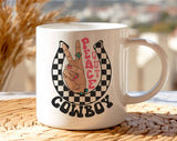 "Peace Out Cowboy" design on a white ceramic coffee mug