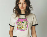 "Feel Your Feelings And Order Takeout" design on a natural ringer t-shirt with black contrast trim