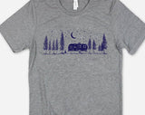 "Camping Life Under The Stars" design on a heather gray unisex t-shirt