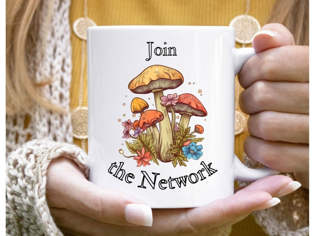"Join The Network" design on a white ceramic coffee mug