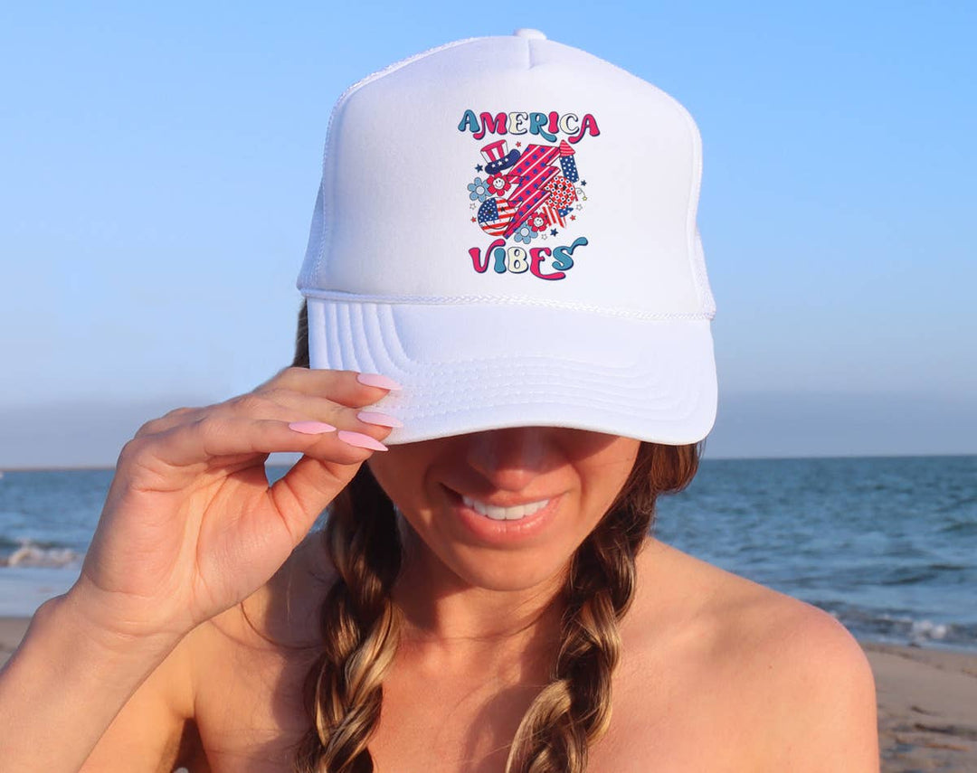 "America Vibes" design on a mesh-back snapback trucker hat