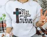 "Let Me Tell You About Jesus" design on an ash gray unisex crewneck sweatshirt