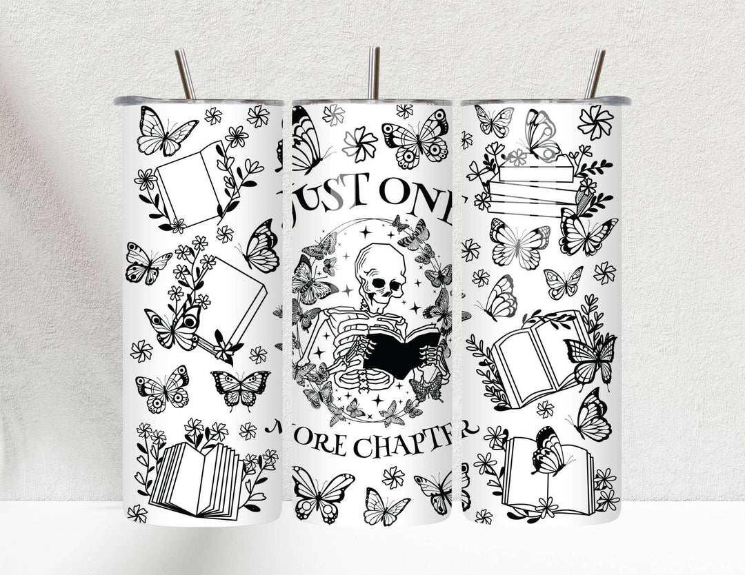 "Just One More Chapter Skeleton" design on a 20 oz skinny tumbler with lid and straw