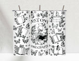 "Just One More Chapter Skeleton" design on a 20 oz skinny tumbler with lid and straw