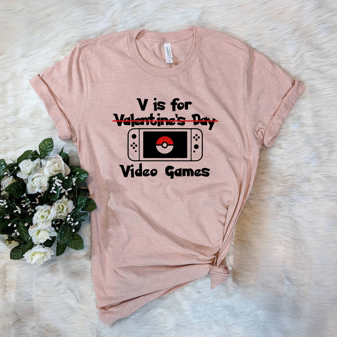 "V Is For Video Games" design on a unisex t-shirt