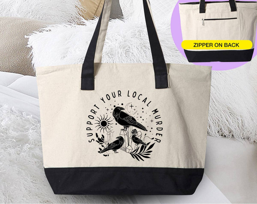 "Support Your Local Murder" design on a natural canvas zippered tote bag