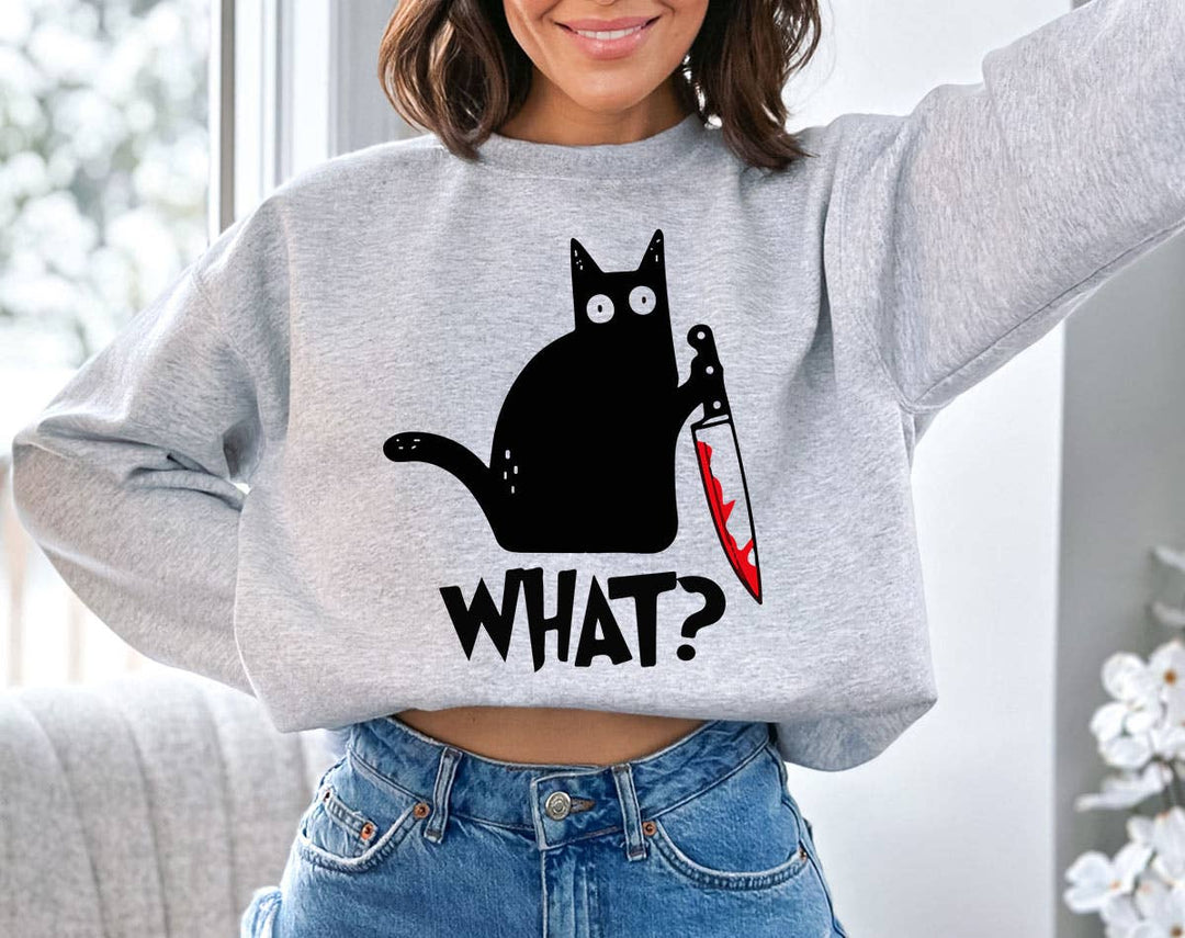 "Cat Knife What" design on an ash gray unisex crewneck sweatshirt