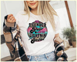 "The Thunder Rolls" design on a white unisex t-shirt