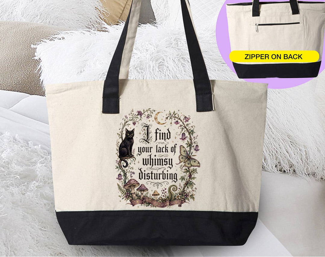 "I Find Your Lack Of Whimsy Witchy Black Cat" design on a natural canvas zippered tote bag