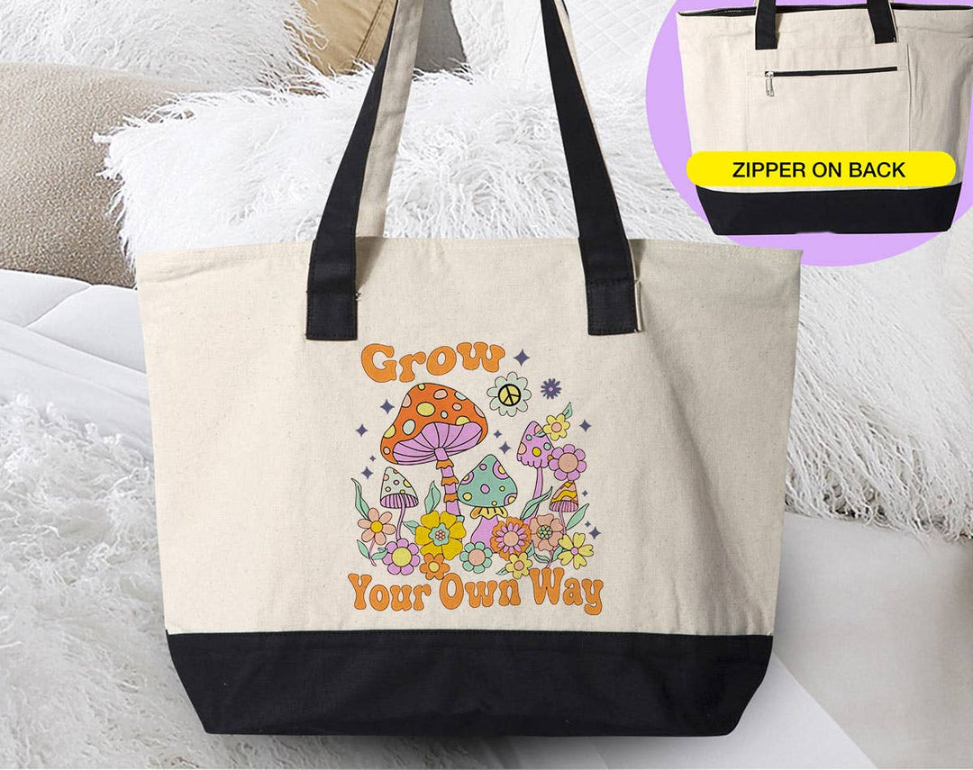 "Grow Your Own Way" design on a natural canvas zippered tote bag