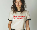 "I'm A Mommy Mamacita Love Island" design on a natural ringer t-shirt with black contrast trim