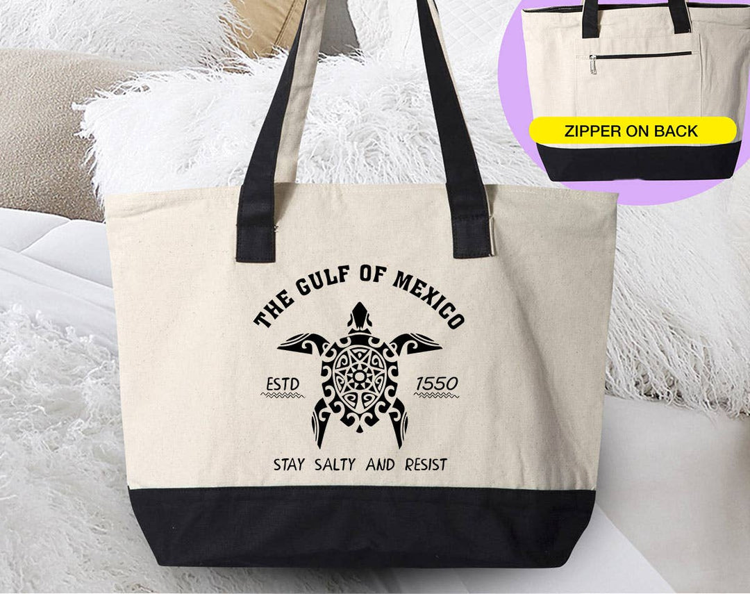 "Gulf Of Mexico" design on a natural canvas zippered tote bag