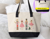 "Nutcracker Ballet Christmas Holiday" design on a natural canvas zippered tote bag