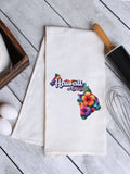 "Hawaii State Flower Hibiscus" design on a white 28 x 28 inch flour sack tea towel
