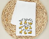 "Most Definitely Not In A Row Duck" design on a white 28 x 28 inch flour sack tea towel