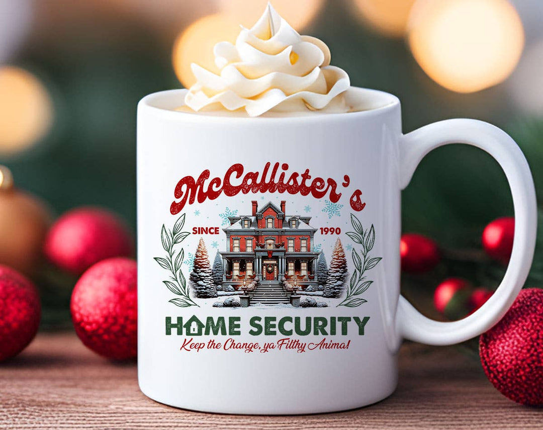 "McCallister's Home Security" Christmas design on a white coffee mug
