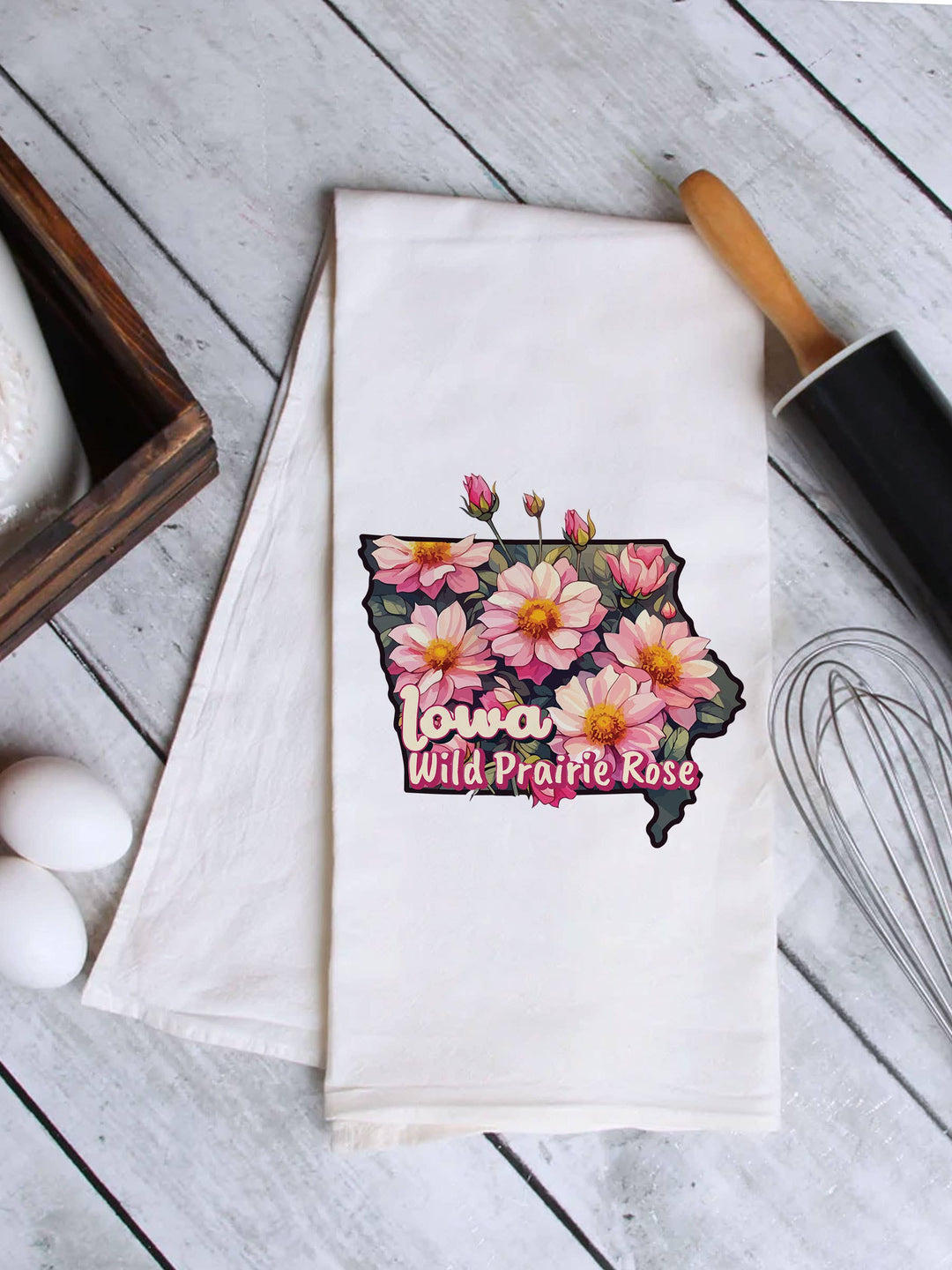 "Iowa State Flower Wild Prairie Rose" design on a white 28 x 28 inch flour sack tea towel