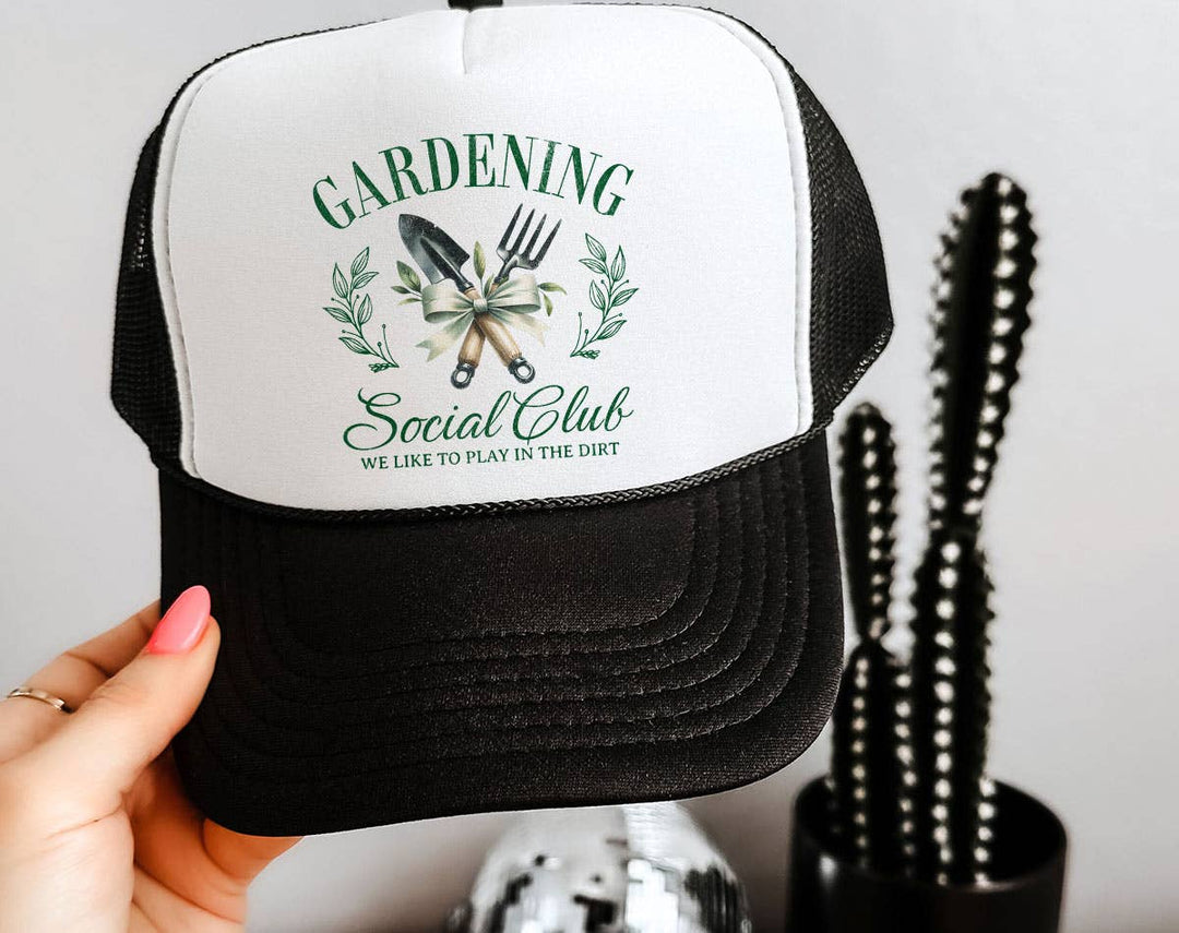 "Gardening Social Club" design on a mesh-back snapback trucker hat