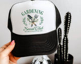 "Gardening Social Club" design on a mesh-back snapback trucker hat