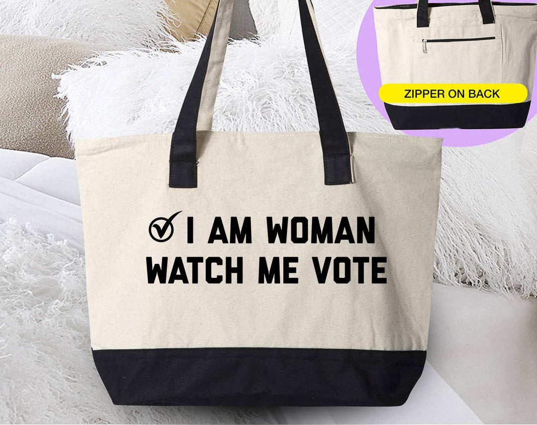 "I Am Woman, Watch Me Vote" design on a natural canvas zippered tote bag