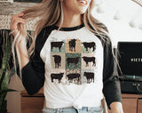 "Cow Quilt Art Boho" design on a white baseball raglan tee with black sleeves
