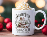 "North Pole Book Club" Christmas design on a white coffee mug