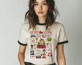 "Home Alone Christmas Collage" design on a natural ringer t-shirt with black contrast trim