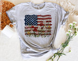 "American Flag Floral Painting" design on a heather gray unisex t-shirt