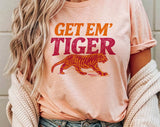 "Get 'Em Tiger" design on a peach unisex t-shirt