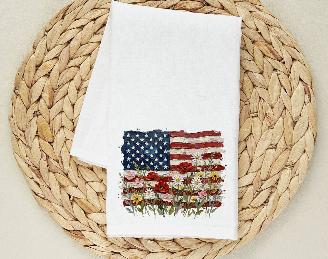 "American Flag Floral Painting" design on a white 28 x 28 inch flour sack tea towel