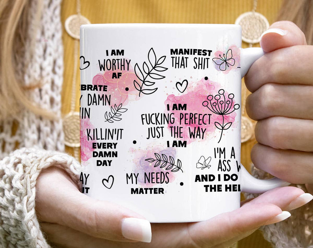 "Swearing Affirmations" design on a white ceramic coffee mug