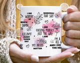 "Swearing Affirmations" design on a white ceramic coffee mug
