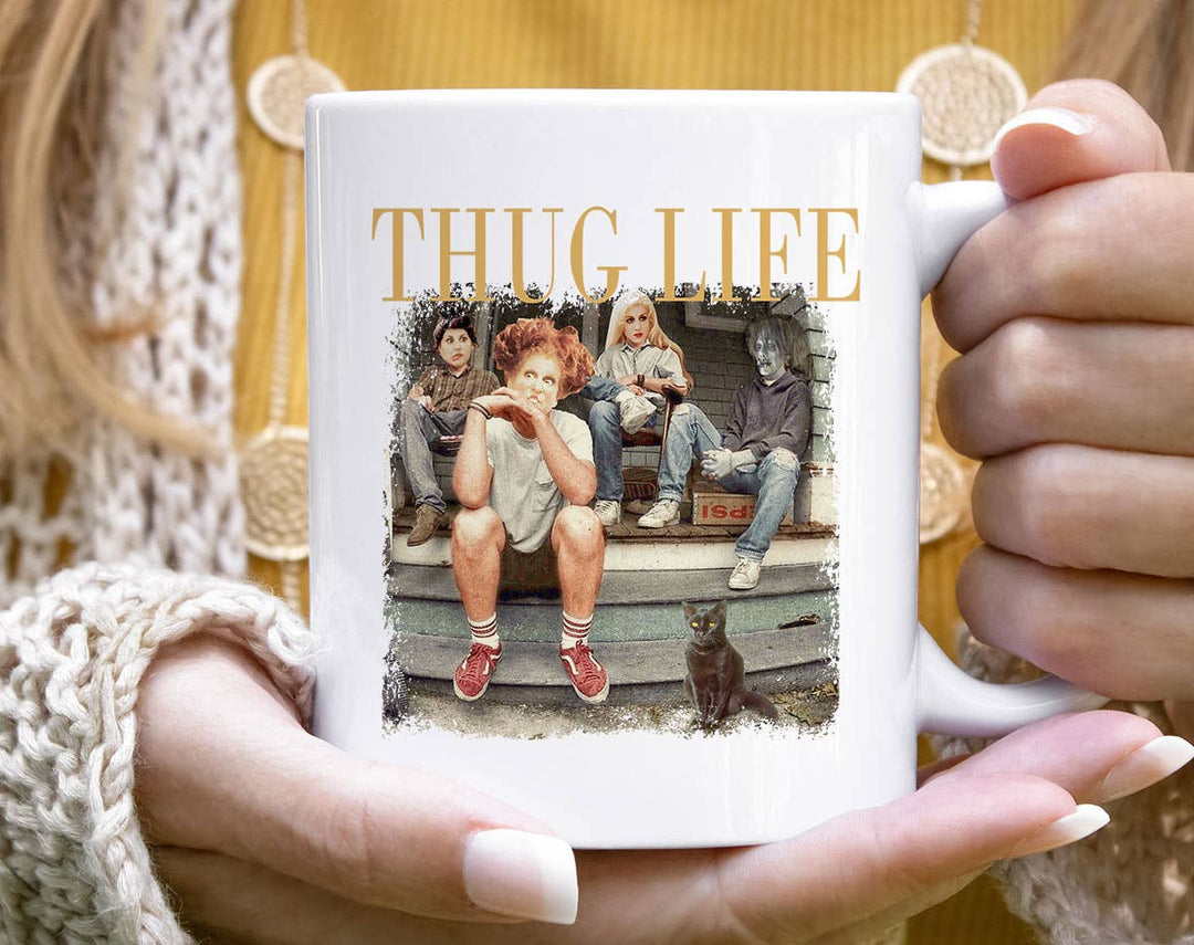 "Thug Life Hocus Pocus Inspired" Halloween design on a white coffee mug