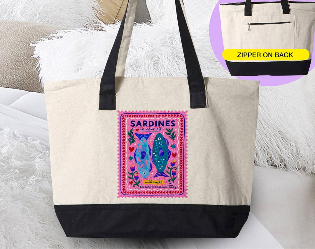 "Sardines Purple Stamp" design on a natural canvas zippered tote bag
