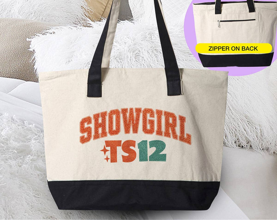 "Showgirl TS12" design on a natural canvas zippered tote bag