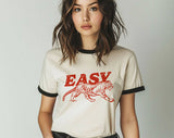 "Easy Tiger Retro" design on a natural ringer t-shirt with black contrast trim