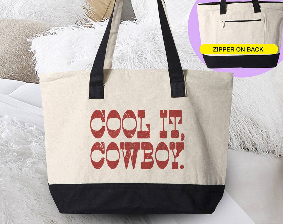 "Cool It Cowboy" design on a natural canvas zippered tote bag