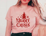 "Merry Crisis" design on a peach unisex t-shirt
