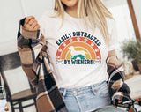 "Easily Distracted By Wieners" design on a white unisex t-shirt