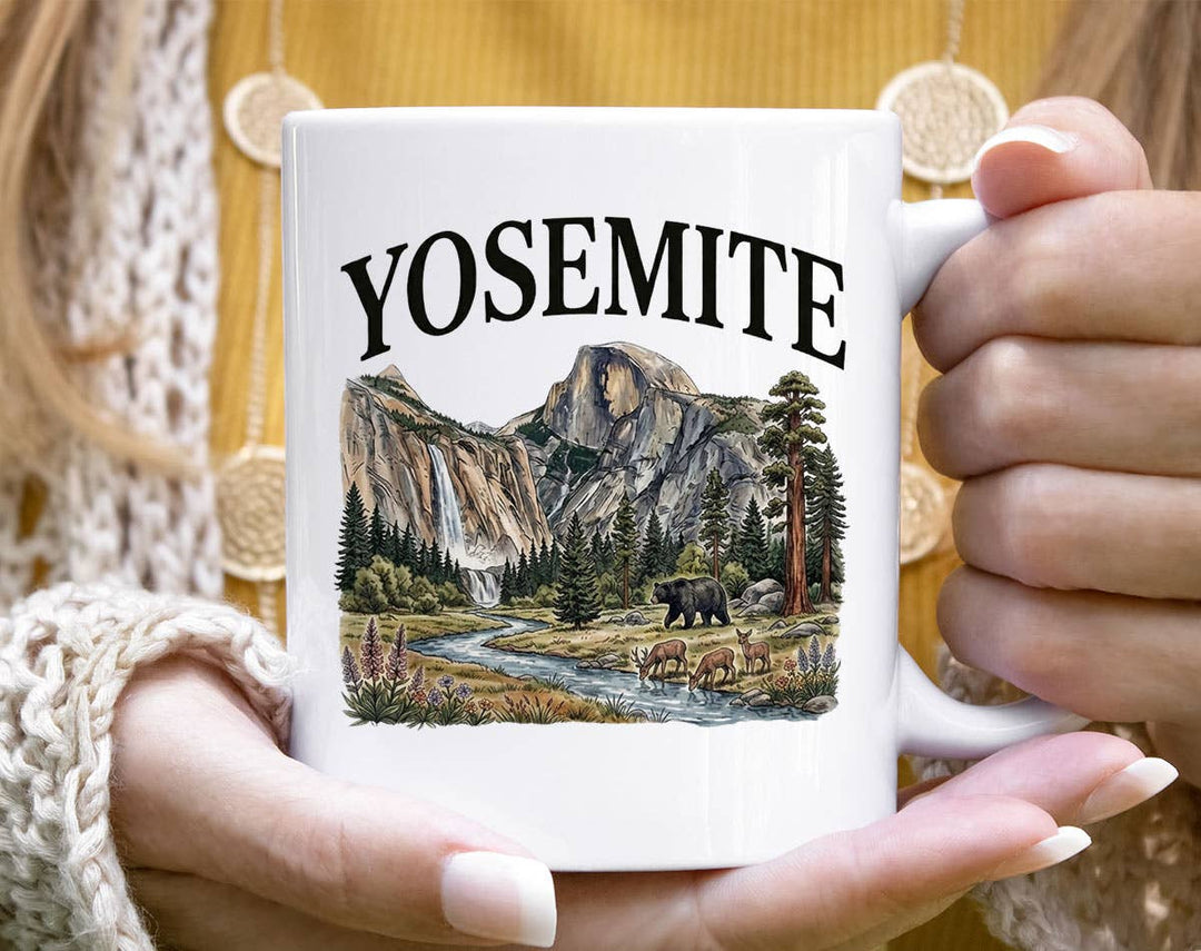 "Yosemite" design on a white ceramic coffee mug