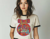 "Death Metal Sing Along Retro Cartoon" design on a natural ringer t-shirt with black contrast trim