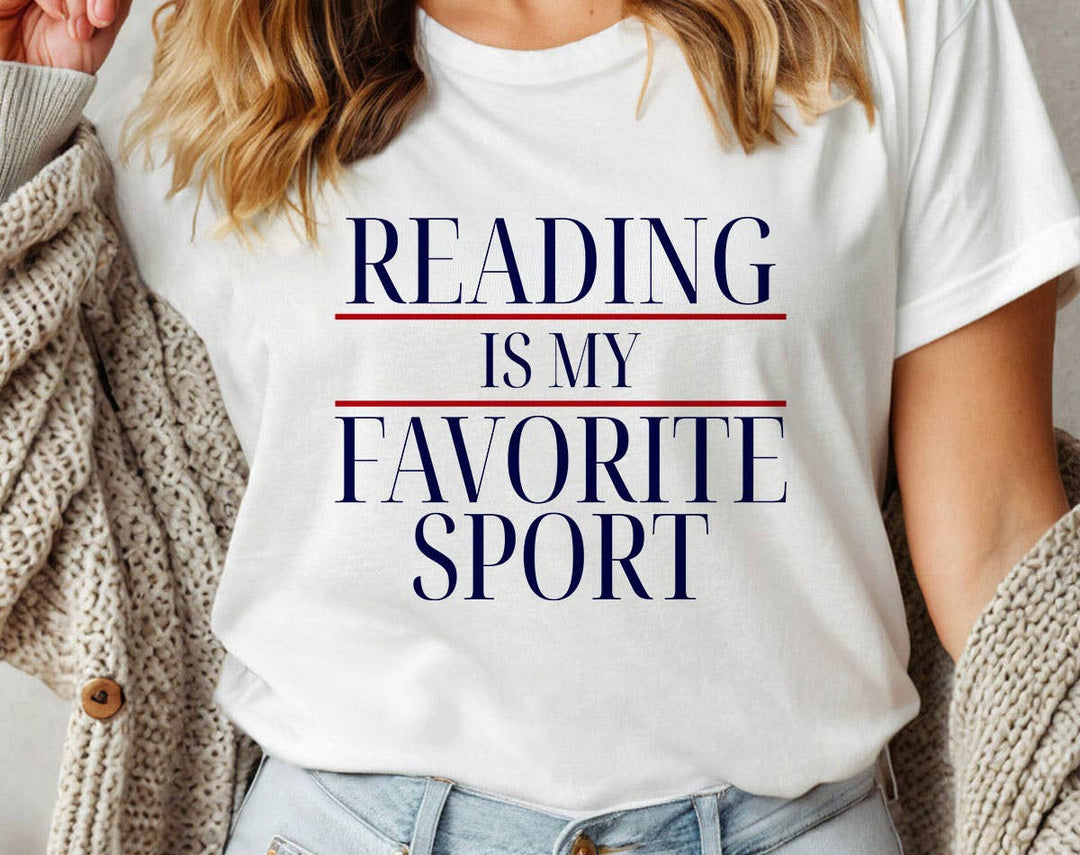 "Reading Is My Favorite Sport" design on a white unisex t-shirt