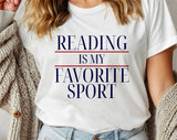 "Reading Is My Favorite Sport" design on a white unisex t-shirt