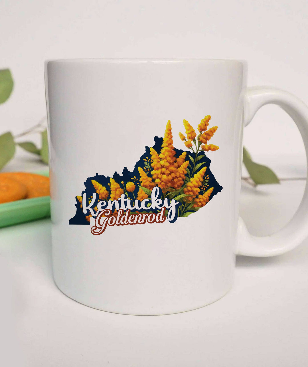 "Kentucky State Flower Goldenrod" design on a white ceramic coffee mug