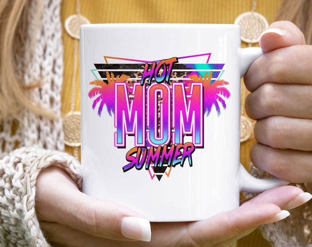 "Hot Mom Summer" design on a white ceramic coffee mug