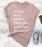 "Flannel Boots Bonfires Pumpkins Leaves" design on a unisex t-shirt
