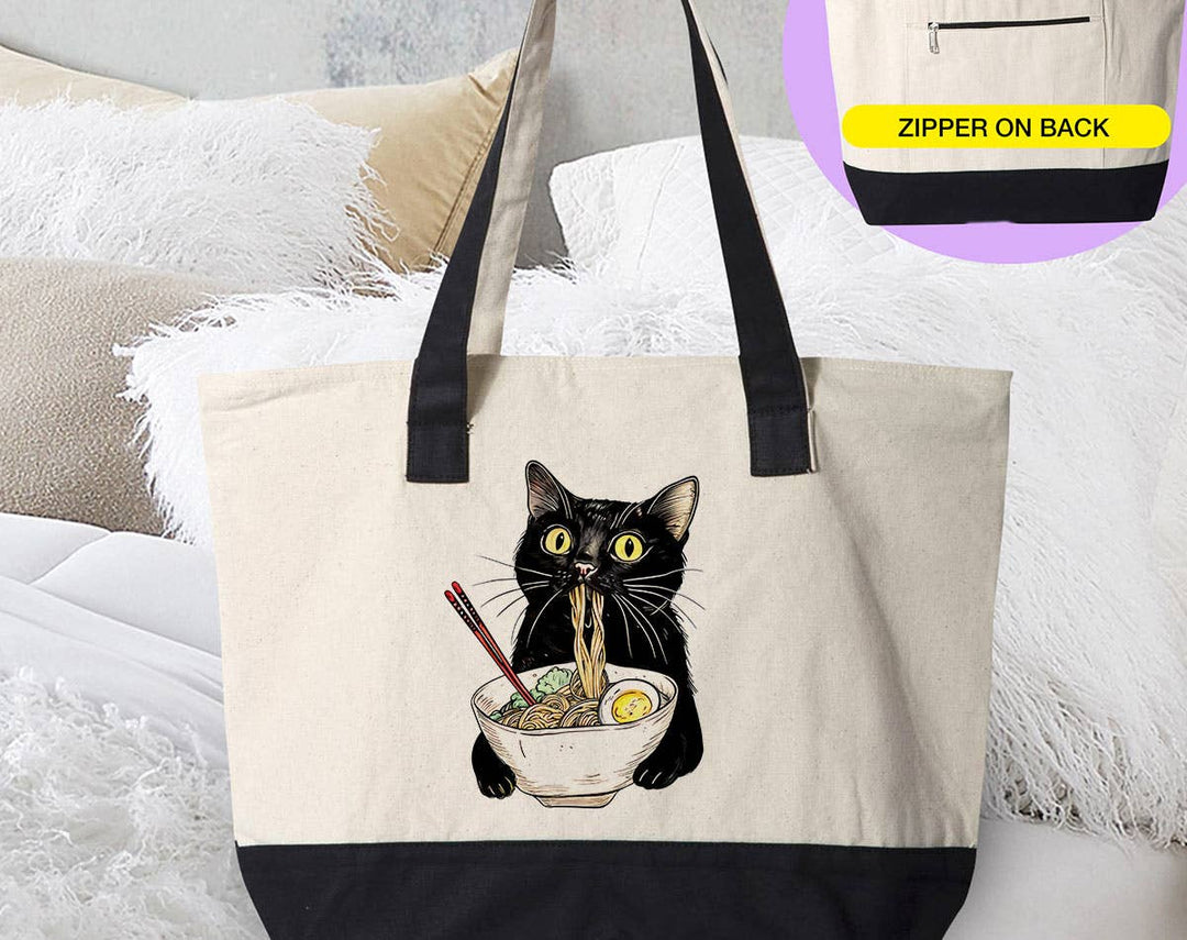 "Cat Eating Ramen" design on a natural canvas zippered tote bag
