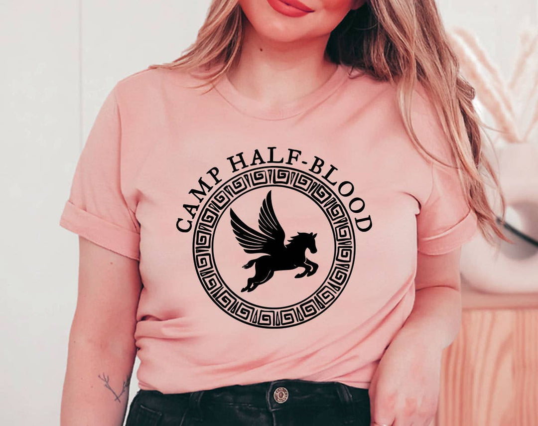 "Camp Half Blood" design on a peach unisex t-shirt